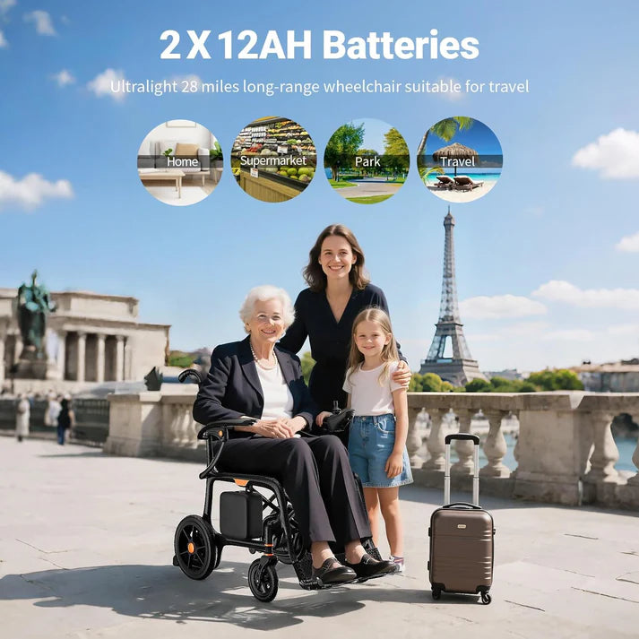 28 lbs Carbon Fiber Ultralight Foldable Electric Wheelchair – Dual Battery, 28-Mile Range, All-Terrain, Airline Approved
