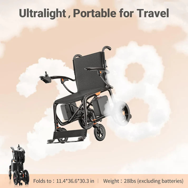 28 lbs Carbon Fiber Ultralight Foldable Electric Wheelchair – Dual Battery, 28-Mile Range, All-Terrain, Airline Approved