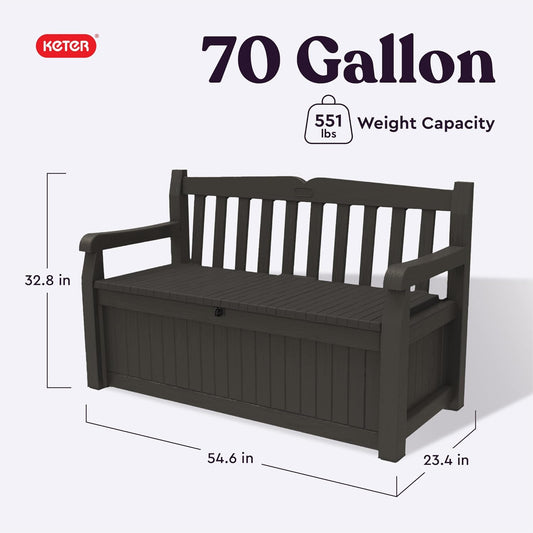 Keter Solana 70 Gallon Storage Bench Deck Box for Patio Furniture