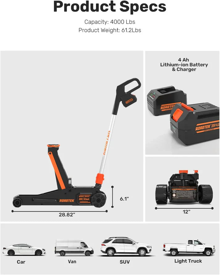 GMax 2-ton electric floor-standing jack, made of low-profile aluminum and steel, can quickly lift cars