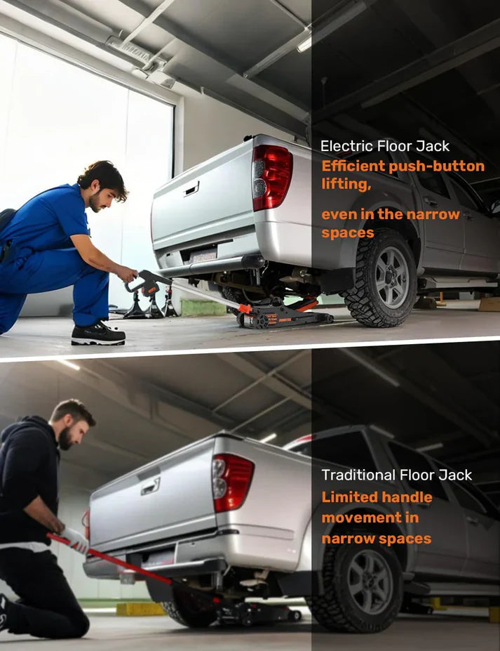 GMax 2-ton electric floor-standing jack, made of low-profile aluminum and steel, can quickly lift cars