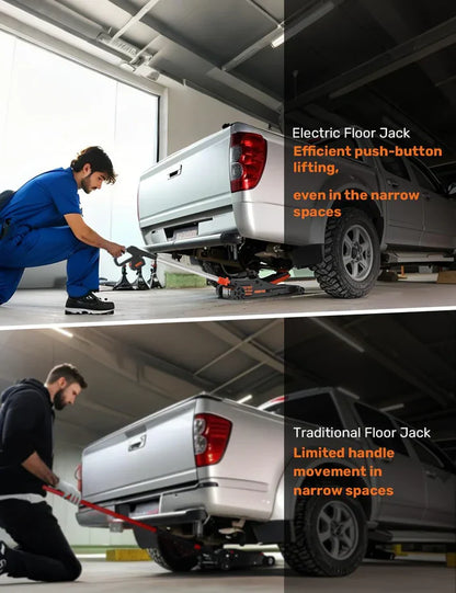 GMax 2-ton electric floor-standing jack, made of low-profile aluminum and steel, can quickly lift cars