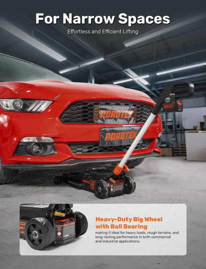 GMax 2-ton electric floor-standing jack, made of low-profile aluminum and steel, can quickly lift cars