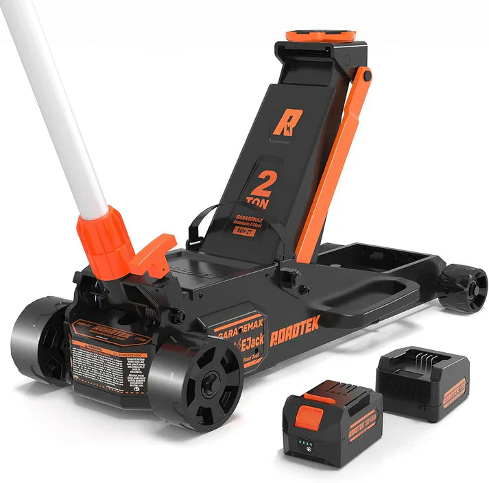 GMax 2-ton electric floor-standing jack, made of low-profile aluminum and steel, can quickly lift cars