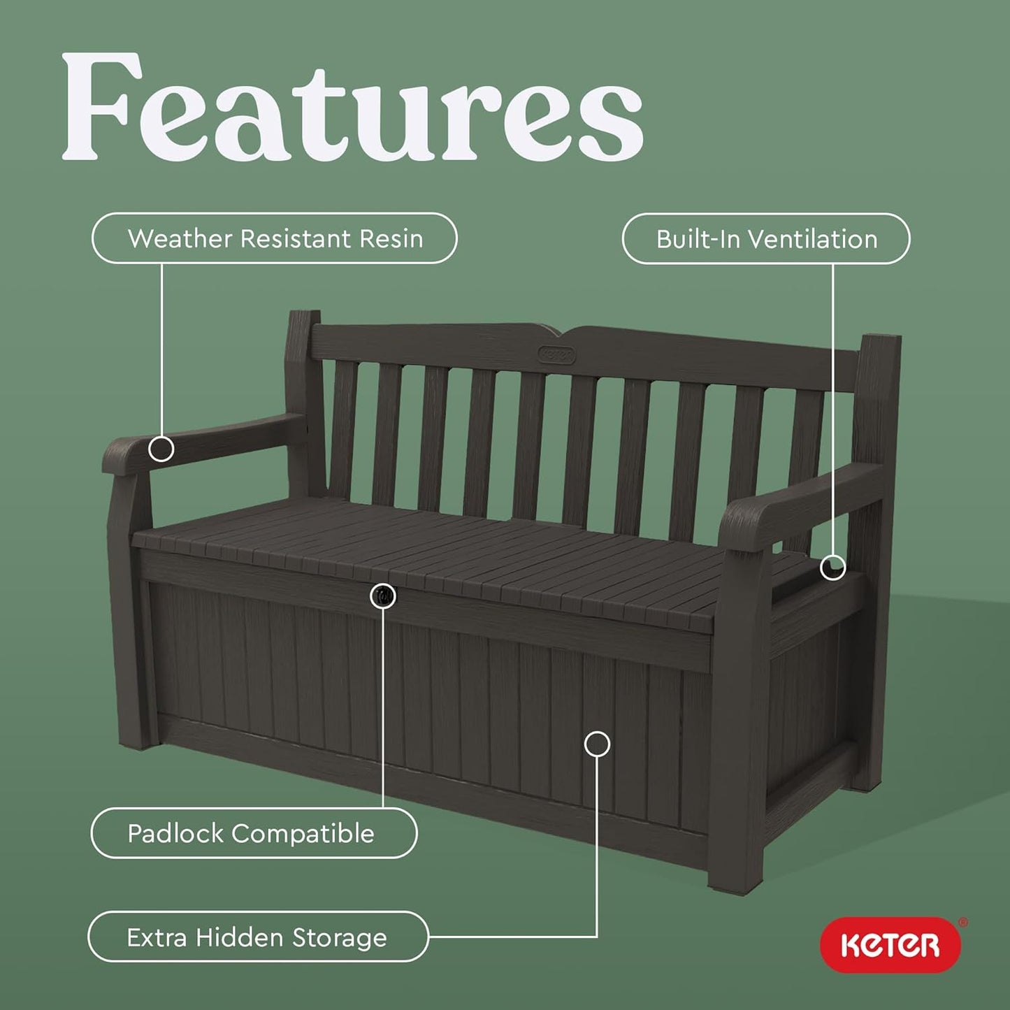 Keter Solana 70 Gallon Storage Bench Deck Box for Patio Furniture