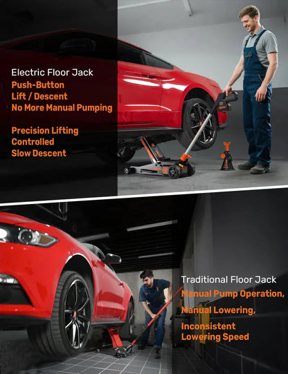 GMax 2-ton electric floor-standing jack, made of low-profile aluminum and steel, can quickly lift cars